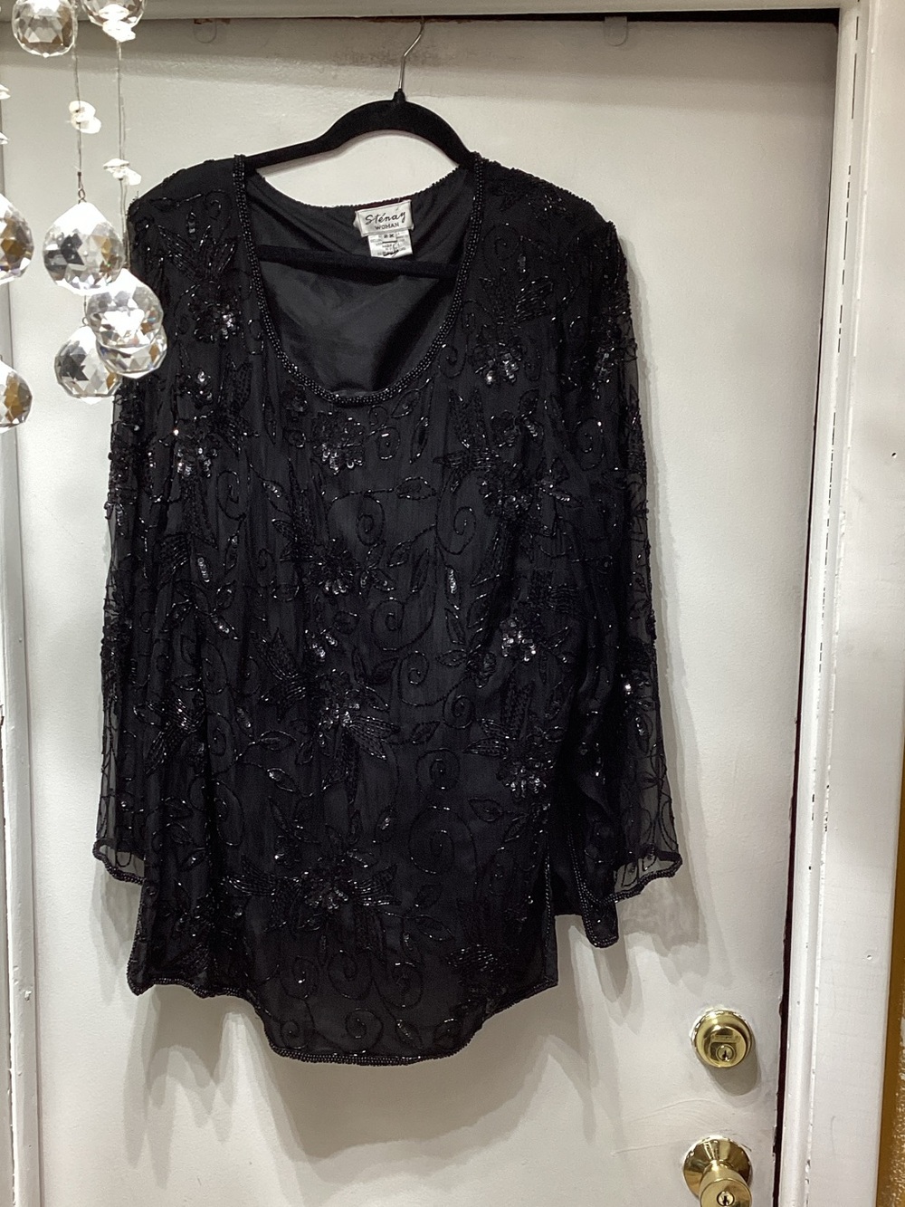 Stenay Black Beaded Sheer Long Sleeve Top